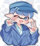  1boy :d blue_eyes blue_headwear blue_hoodie blue_shirt double_w highres hood hoodie inkling inkling_boy male_focus one_eye_closed open_mouth pointy_ears shirt smile solo splatoon_(series) upper_body visor_cap w white_background yn_uo0 