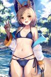  2:3 ahoge anthro bikini biped blush bodily_fluids breasts brown_body brown_fur brown_hair camel_toe canid canine clothing countershade_fur countershading detailed_background female fluffy fluffy_tail fox front_view fur gesture hair hi_res inner_ear_fluff kida_kuro_mu leonor_(kida_kuro_mu) light lighting looking_at_viewer mammal navel open_mouth open_smile outside portrait short_hair small_breasts smile solo standing sunlight sweat swimwear tail tan_body tan_fur three-quarter_portrait tuft v_sign water yellow_eyes 