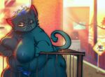  2023 anthro areola aunt_molly_(nitw) belly big_areola big_belly big_breasts blue_areola blue_body blue_fur blue_hair blue_nipples blurred_background body_hair breasts cheek_tuft chest_tuft domestic_cat eyebrows facial_tuft featureless_crotch felid feline felis female fur hair half-closed_eyes happy_trail hi_res light lighting mammal narrowed_eyes navel night_in_the_woods nipples obese obese_female one_eye_closed overweight overweight_female prick_ears pubes red_eyes salamikii shoulder_tuft solo tail tail_tuft tuft whiskers yellow_sclera 