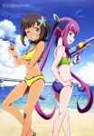  2girls absurdres ass bare_arms beach bikini black_hair blue_bikini blue_eyes blue_sky breasts bridge brown_hair cloud collarbone dark-skinned_female dark_skin day green_bikini green_eyes grin hair_ribbon hand_on_own_hip highres holding holding_water_gun horizon kazamatsuri_ren_(shadowverse_flame) long_hair looking_at_viewer looking_back megami_magazine mismatched_bikini multicolored_hair multiple_girls navel ocean official_art one_eye_closed open_mouth outdoors purple_hair ribbon scan shadowverse shadowverse_(anime) shadowverse_flame short_hair sinclair_hina_(shadowverse_flame) sky small_breasts smile standing starfish_hair_ornament swimsuit twintails two-tone_hair very_long_hair water_gun yellow_bikini 