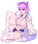 1girl absurdres animal_ear_fluff animal_ears blue_hairband breasts cat_ears cat_tail colored_inner_hair frilled_thighhighs frills hairband highres hololive light_smile looking_at_viewer minato_aqua multicolored_hair nipples open_mouth purple_eyes purple_hair rat_huang see-through simple_background sitting solo streaked_hair sweat tail thighhighs two-tone_hair virtual_youtuber white_background 