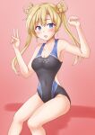  1girl abukuma_(kancolle) anti_(untea9) black_one-piece_swimsuit blonde_hair blue_eyes blue_one-piece_swimsuit blush breasts collarbone competition_swimsuit covered_navel gradient_background hair_bun hair_rings highres kantai_collection long_hair looking_at_viewer one-piece_swimsuit open_mouth pink_background sitting small_breasts smile solo swimsuit twintails two-tone_swimsuit 