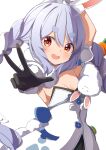  1girl :d absurdres ame. animal_ear_fluff animal_ears arm_up black_gloves black_leotard blue_hair blush bow braid breasts carrot_hair_ornament commentary_request don-chan_(usada_pekora) dress food-themed_hair_ornament fur-trimmed_gloves fur_trim gloves hair_between_eyes hair_bow hair_ornament highres hololive leotard long_hair looking_at_viewer multicolored_hair outstretched_arm rabbit-shaped_pupils rabbit_ears red_eyes short_eyebrows sidelocks simple_background small_breasts smile solo strapless strapless_dress strapless_leotard symbol-shaped_pupils thick_eyebrows twin_braids twintails two-tone_hair usada_pekora very_long_hair virtual_youtuber white_background white_bow white_dress white_hair 