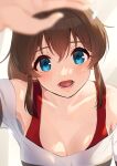  1girl armpits blue_eyes breasts brown_hair cleavage collarbone highres idolmaster idolmaster_million_live! kamille_(vcx68) large_breasts looking_at_viewer off-shoulder_shirt off_shoulder redrawn satake_minako shirt sidelocks solo upper_body 