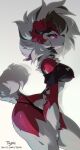  anthro big_butt breasts butt canid canine clothing collar crop_top curled_tail ear_piercing eyebrow_piercing eyelashes facial_piercing female fluffy fluffy_ears fluffy_tail folded_ears fur generation_7_pokemon hair hi_res highlights_(coloring) lycanroc mammal markings midnight_lycanroc midriff neck_tuft nintendo open_mouth panties piercing pokemon pokemon_(species) red_body red_eyes red_fur shirt shoulderless_shirt simple_background solo spiked_collar spikes tail thick_thighs topwear tuft typh underwear white_background white_body white_fur white_hair 