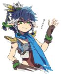  1boy alternate_costume alternate_eye_color alternate_hair_color armor bare_shoulders blue_hair blue_scarf blush_stickers braid breastplate brown_gloves commentary_request cosplay feather_hair_ornament feathers fingerless_gloves gloves green_eyes grin hair_ornament hair_tie hair_tubes half-closed_eyes hand_on_own_hip hand_up happy leotard link looking_at_viewer male_focus multicolored_hair parted_lips partial_commentary pointy_ears red_eyeliner red_leotard revali revali_(cosplay) scarf short_hair shoulder_pads sidelocks simple_background sketch smile smug solo standing the_legend_of_zelda the_legend_of_zelda:_breath_of_the_wild translation_request two-tone_hair ukata upper_body v-shaped_eyebrows white_background white_hair yellow_feathers 