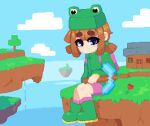  1girl animal_costume backpack bag blue_eyes boots brown_hair cloud creeper dithering floating_island flower frog_costume holding house jacket long_sleeves minecraft minimilieu pickaxe pixel_art rana_(minecraft) short_twintails shorts smile thick_eyebrows tree twintails 