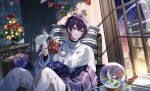  1boy 3000x4500 black_nails cup earrings highres holding holding_cup indie_virtual_youtuber jewelry long_sleeves looking_to_the_side male_focus merry_christmas pillow pom_pom_(clothes) purple_eyes purple_hair short_hair shoto_(vtuber) single_earring sitting snow_globe sweater virtual_youtuber white_sweater 