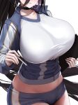  1girl absurdres black_choker black_hair blue_archive blue_shorts blush breasts choker close-up collarbone cropped gym_shirt gym_uniform hasumi_(blue_archive) hasumi_(track)_(blue_archive) head_out_of_frame highres holding holding_pen huge_breasts jacket kos-owl long_bangs long_hair long_sleeves midriff official_alternate_costume partially_unzipped pen shirt short_shorts shorts simple_background solo sweat track_jacket very_long_hair white_background zipper_pull_tab 