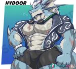  abs anthro bare_chest black_sclera blue_body bottomwear clothing dragon eyewear goggles hair hi_res hydoor lifewonders live_a_hero male masterelrest muscular muscular_anthro muscular_male nipples pecs scalie scar shorts solo white_hair yellow_eyes 