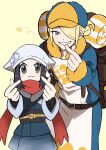  1boy 1girl :3 absurdres akari_(pokemon) ayakadegozans backpack bag blonde_hair blue_eyes clenched_teeth commentary_request grey_eyes hair_over_one_eye hand_gesture hat head_scarf highres one_eye_covered pokemon pokemon_(game) pokemon_legends:_arceus red_scarf scarf short_hair smile teeth volo_(pokemon) 