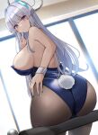  1girl absurdres ass blue_archive blue_leotard blush breasts fake_tail grey_hair halo hand_to_own_mouth headgear highres kihou_no_gotoku_dmc large_breasts leotard long_hair looking_at_viewer noa_(blue_archive) playboy_bunny purple_eyes rabbit_tail sideboob sitting smile solo tail wrist_cuffs 