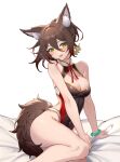  1girl :d absurdres adapted_costume animal_ear_fluff animal_ears bare_shoulders breasts brown_hair brown_leotard cleavage colored_tips commentary_request covered_navel feet_out_of_frame fox_ears fox_tail green_bracelet green_eyes helenu highres honkai:_star_rail honkai_(series) leotard looking_at_viewer medium_hair multicolored_hair neck_ribbon on_bed open_mouth red_hair red_ribbon ribbon smile solo tail tingyun_(honkai:_star_rail) 
