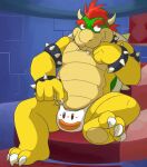  2_horns anthro armband barefoot bikini_briefs bikini_briefs_only biped bowser bracelet bulge claws clothing collar detailed_background dungeon feet green_body green_scales hair hand_on_chin hand_on_underwear horn inside jewelry koopa male mario_bros musclegut nintendo red_hair scales scalie shell sitting smile solo spiked_armband spiked_bracelet spiked_collar spiked_shell spikes spikes_(anatomy) teeth_showing thegreatmatsutzu thong underwear white_bikini_briefs white_clothing white_underwear yellow_body yellow_scales 