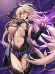  1girl artoria_pendragon_(fate) artoria_pendragon_(lancer_alter)_(fate) battlesuit blonde_hair breasts cleavage_cutout clothing_cutout commission eyebrows_hidden_by_hair fate/grand_order fate_(series) gauntlets hair_between_eyes highres horns long_hair looking_at_viewer mad_kimo navel thighs underboob yellow_eyes 