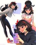  animal_on_head black_cat black_choker black_ear_piercing black_hoodie black_leggings black_pants blush bow cat cat_face_sticker cat_on_head cellphone choker contemporary crescent cropped_hoodie dress ear_piercing grey_hoodie hair_bow happy highres hood hoodie iphone jewelry jiji_(majo_no_takkyuubin) kiki_(majo_no_takkyuubin) leggings looking_at_viewer lotus_bubble majo_no_takkyuubin makeup multiple_views necklace on_head pants phone phone_case piercing pink_dress pink_phone_case red_bow red_eyes red_lips red_sneakers shirt shoes signature smartphone smile sneakers sportswear star_(symbol) star_sticker sticker white_background white_shirt 