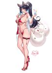  1girl absurdres ahri_(league_of_legends) animal_ear_fluff animal_ears artist_name bare_shoulders bikini bikini_pull black_hair blue_eyes blush breasts cian_yo clothes_pull cocktail cocktail_glass cup drinking_glass facial_mark food fox_ears fox_tail fruit full_body high_heels highres holding holding_cup large_breasts league_of_legends lemon lemon_slice long_hair looking_at_viewer multiple_tails open_mouth red_bikini simple_background smile solo standing stomach string_bikini swimsuit tail whisker_markings yellow_eyes 