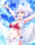  1girl :d animal_ear_fluff animal_ears arm_up armpits bare_arms bikini blue_bow blue_hair blue_sky blunt_bangs blush bow breasts cleavage collarbone commentary_request cowboy_shot day floating_hair fox_ears fox_girl fox_tail groin hair_bow happy highleg highleg_swimsuit highres large_breasts looking_afar machikado_mazoku n88_colpla navel on_head open_mouth outdoors outstretched_arms red_bikini riko_(machikado_mazoku) short_hair sidelocks sky smile solo standing swimsuit tail tail_raised water water_drop yellow_eyes 