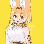  1girl animal_ears bare_shoulders belt blonde_hair bow bowtie cat_ears cat_girl cthun_n elbow_gloves extra_ears fang gloves highres kemono_friends looking_at_viewer open_mouth serval_(kemono_friends) shirt short_hair simple_background skirt sleeveless sleeveless_shirt solo upper_body yellow_background yellow_eyes 