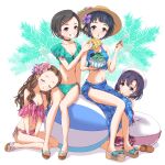  4girls ball bare_legs beachball beret bikini black_hair blue_bikini blue_sarong blush bowl bread breasts brown_hair cleavage closed_eyes feeding flower food forehead full_body girls_be_next_step_(idolmaster) green_bikini grin hair_flower hair_ornament hat haua head_rest highres holding holding_bowl holding_spoon idolmaster idolmaster_cinderella_girls innertube kneeling looking_at_another matsuo_chizuru melon_bread multiple_girls navel okazaki_yasuha palm_tree pink_bikini red_bikini sandals sarong seki_hiromi shaved_ice shiragiku_hotaru sitting small_breasts smile spoon stomach straw_hat swimsuit syrup tree 