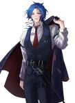  1boy absurdres arm_strap belt black_belt black_pants black_ribbon black_vest blue_hair chesed_(project_moon) coat collared_shirt cowboy_shot hair_ribbon highres holding holding_clothes holding_coat library_of_ruina limbus_company long_hair long_sleeves looking_to_the_side low_ponytail male_focus necktie pants parted_lips project_moon red_necktie ribbon ruiieru shirt simple_background smile solo thigh_strap unworn_coat vest white_background white_shirt yellow_eyes 