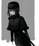  1girl absurdres black_capelet black_dress black_eyes black_hair black_headwear capelet closed_mouth dress english_commentary fur-trimmed_capelet fur-trimmed_headwear fur_hat fur_trim hat highres kuonji_alice long_sleeves mahou_tsukai_no_yoru short_hair simple_background solo type-moon urie 