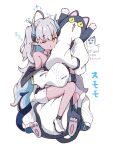  1girl :o black_socks blue_archive body_pillow colored_inner_hair full_body grey_hair highres horns hugging_object jacket long_hair long_sleeves looking_at_viewer multicolored_hair off_shoulder one_eye_closed pillow pillow_hug pointy_ears puffy_long_sleeves puffy_sleeves shirt shoes short_shorts shorts sleepy sleeveless sleeveless_shirt socks solo sumomo_(blue_archive) tail tearing_up translation_request uni_gyoza very_long_hair white_footwear white_jacket white_shorts yellow_eyes zzz 