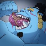  1:1 blue_body blue_skin bodily_fluids duo fish-men_(one_piece) human humanoid jinbe macro male male/male mammal marine micro one_piece othukimi saliva sharp_teeth size_difference teeth tongue vore 