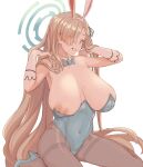  1girl :d animal_ears asuna_(blue_archive) black_pantyhose blue_archive blue_footwear blue_leotard breasts gloves hair_lift hair_over_one_eye halo high_heels highres huge_breasts large_breasts leotard light_brown_hair long_hair looking_at_viewer nasakene nipple_slip nipples pantyhose playboy_bunny rabbit_ears simple_background sitting smile solo white_background white_gloves 
