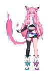 1girl ai.mi_(omega_strikers) animal_ears black_shirt blue_eyes boots cat_ears cat_tail collared_shirt concept_art earbuds earphones gloves hair_between_eyes heterochromia highres liyart looking_at_viewer official_art omega_strikers pink_hair shirt simple_background single_leg_pantyhose skirt solo tail white_background yellow_eyes 