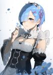  1girl blue_eyes blue_hair blunt_bangs breasts commentary detached_sleeves flower frilled_sleeves frills german_commentary hair_ornament hair_over_one_eye highres holding holding_flower long_sleeves maid medium_breasts one_eye_covered re:zero_kara_hajimeru_isekai_seikatsu rem_(re:zero) roswaal_mansion_maid_uniform sasoura short_hair solo underbust wide_sleeves x_hair_ornament 