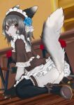  2023 absurd_res anthro blep blush breasts butt canid canine claws clothed clothing digital_media_(artwork) dipstick_ears female female_anthro finger_claws fingers fluffy fluffy_tail footwear fox fur garter_belt garter_straps grey_body grey_fur grey_hair hair hi_res kemono legwear looking_at_viewer looking_back looking_back_at_viewer low-angle_view maid_headdress maid_uniform mammal multicolored_body multicolored_ears multicolored_fur nyatelier_12 panties red_fox silver_fox sitting small_breasts solo tail thigh_highs tongue tongue_out two_tone_body two_tone_fur underwear uniform upskirt wariza white_body white_clothing white_fur white_panties white_underwear 