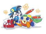  1boy 1other blue_eyes blue_headwear blue_shirt blue_shorts blush flower furry furry_male kaze_no_klonoa klonoa koke_ojisan looking_at_another moo_(klonoa) orange_eyes pac-man red_footwear shirt shorts simple_background sitting white_background 