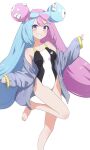  1girl absurdres alternate_costume aqua_hair barefoot blush bow-shaped_hair breasts camui1104 character_hair_ornament commentary_request grey_jacket grin hair_ornament highres iono_(pokemon) jacket leg_up long_hair looking_at_viewer multicolored_hair off_shoulder one-piece_swimsuit open_clothes open_jacket pink_hair pokemon pokemon_(game) pokemon_sv purple_eyes simple_background smile solo swimsuit teeth toes twintails two-tone_hair white_background 