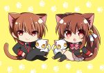  &gt;:) 1boy 1girl ahoge animal_ear_fluff animal_ears arm_at_side black_jacket black_pants blue_necktie blush bow brother_and_sister brown_hair brown_tail cat cat_boy cat_ears cat_girl cat_tail chestnut_mouth chibi closed_mouth commentary_request eyes_visible_through_hair fang grey_skirt hand_on_own_hip hano_haruka jacket knees_up little_busters! little_busters!_school_uniform long_sleeves looking_at_viewer miniskirt natsume_kyousuke natsume_rin necktie open_mouth pants paw_print pink_bow plaid plaid_skirt pleated_skirt red_eyes school_uniform short_hair siblings simple_background skin_fang skirt smile tail tail_raised v-shaped_eyebrows white_cat yellow_background 