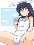  1girl arm_support black_hair blue_sky brown_eyes cameltoe closed_mouth cloud cloudy_sky commentary food girls_und_panzer girls_und_panzer_senshadou_daisakusen! hair_ribbon highres holding holding_food holding_popsicle leaning_back light_frown long_hair looking_at_viewer official_alternate_costume old_school_swimsuit one-piece_swimsuit popsicle reizei_mako renshiu ribbon school_swimsuit sitting sky solo spread_legs sweat swimsuit white_one-piece_swimsuit white_ribbon 