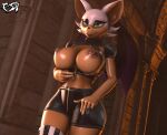  3d_(artwork) absurd_res anthro areola bat big_breasts black_lips black_nose bottomwear breasts clothed clothing digital_media_(artwork) exposed_breasts eyeshadow female fur goth hair hi_res latex_clothing legwear lips looking_at_viewer makeup mammal membrane_(anatomy) membranous_wings nipples presenting psikokinetic rouge_the_bat sega shorts smile solo sonic_the_hedgehog_(series) source_filmmaker stockings tan_body topwear warfare_machine white_body white_fur wings 