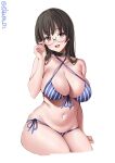  1girl bare_shoulders bikini black_choker black_hair blue_bikini blush breasts choker collarbone cropped_legs ebifurya front-tie_bikini_top front-tie_top glasses hand_up highres kantai_collection large_breasts long_hair looking_at_viewer navel one-hour_drawing_challenge ooyodo_(kancolle) side-tie_bikini_bottom simple_background solo stomach swimsuit thighs twitter_username white_background 