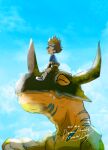  blue_sky brown_hair child claws closed_eyes closed_mouth cloud cloudy_sky dated digimon digimon_(creature) digimon_adventure dreamearth fangs greymon hair_between_eyes happy highres horns open_mouth size_difference sky yagami_taichi 