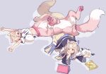  2girls :t absurdres animal_ear_fluff animal_ears blonde_hair centauroid chips_(food) closed_eyes closed_mouth dog_ears eating fang food frilled_sleeves frills fuwawa_abyssgard hand_on_own_cheek hand_on_own_face highres holding holding_food hololive hololive_english long_sleeves lying lying_on_person midriff mococo_abyssgard monsterification multicolored_hair multiple_girls old-night on_back open_mouth perroccino_(fuwamoco) pink_eyes shirt short_sleeves simple_background streaked_hair stretching taur white_shirt 