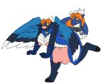  2018 2_heads anthro avian big_breasts blue_body blue_fur blue_scales bovid bovine breasts cattle cowbell digital_media_(artwork) feathered_wings feathers female fur hair hooves horn hybrid implied_transformation looking_back mammal multi_head nipples nude on_one_leg red_eyes reptile robertge scales scalie snake solo standing surprise teats udders wings yellow_sclera 