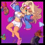  1:1 3_toes 4_fingers absurd_res activision aku_aku anthro backpack bandicoot black_border blonde_hair bodily_fluids border bottomwear breasts brother_(lore) brother_and_sister_(lore) brown_hair choker cigarette cleavage clothed clothing coco_bandicoot crash_bandicoot crash_bandicoot_(series) ear_piercing eyebrows eyewear feet female fingers footwear fur gesture green_eyes group hair hi_res jacket jewelry long_hair male mammal marsupial midriff multicolored_body multicolored_fur necklace ninelean piercing shorts sibling_(lore) sister_(lore) sunglasses sweat sweatdrop toes topwear two_tone_body two_tone_fur v_sign 