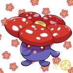  :3 commentary_request floral_background flower hand_on_own_face highres looking_at_viewer no_humans open_mouth pokemon pokemon_(creature) red_eyes smile takap_oekaki vileplume 
