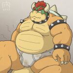  2023 anthro belly big_belly bowser bulge clothing dirty_underwear goyemon_k humanoid_hands kemono koopa male mario_bros nintendo overweight overweight_male scalie simple_background sitting solo underwear 