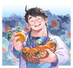  1boy absurdres bara basket border closed_eyes doctor facial_hair flower food forest fruit glasses goatee highres holding holding_food holding_fruit incoming_food lavender_(flower) male_focus nature neroli_(pokemon) open_mouth orange_(fruit) osu(statatatatatata) pokemon_sleep short_hair smile thick_eyebrows white_border 