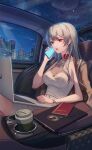  1girl absurdres breasts city coffee_cup crazy_ones cup disposable_cup dress earrings formal grey_hair highres jewelry large_breasts long_hair night night_sky notebook official_art red_eyes sitting sky solo talking_on_phone white_dress xia_bing_(crazy_ones) 
