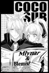  1boy 1girl :o animal_ear_fluff animal_ears arknights blemishine_(arknights) blush character_name extra_ears eyes_visible_through_hair gloves greyscale hair_over_one_eye highres holding holding_newspaper horse_ears long_hair mlynar_(arknights) monochrome necktie newspaper onasu_(nasubinari) parted_lips ponytail reading short_hair uncle_and_niece upper_body 