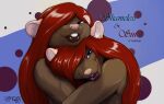  2017 anthro blue_eyes brown_body brown_fur cuddling duo ear_piercing female fur hair jewelry kencougr male male/female mammal murid murine piercing rat red_hair rodent shannon_&quot;shameless&quot;_rourke sibling_(lore) simple_background sin_(wolfkidd) text 