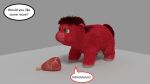  3d_(artwork) dialogue digital_media_(artwork) english_text female feral fluffy_pony fluffy_pony_(species) food fur hair hi_res meat mexi offscreen_character red_body red_fur red_hair simple_background solo teats text yellow_eyes 