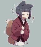  1girl black_hair closed_eyes commentary_request facing_viewer fox_girl fox_tail grey_background japanese_clothes kimono kitsune kukuri_(mawaru) long_sleeves mawaru_(mawaru) open_mouth original purple_hair short_hair sleeves_past_wrists solo tail translation_request trembling wavy_mouth white_kimono wide_sleeves zouri 